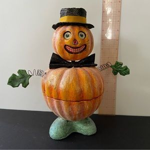 Halloween Dept 56 Glittered Paper Mache Pumpkin Man Candy Container